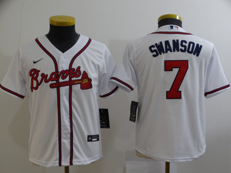 2021 Youth Atlanta Braves #7 Swanson white Nike Game MLB Jerseys